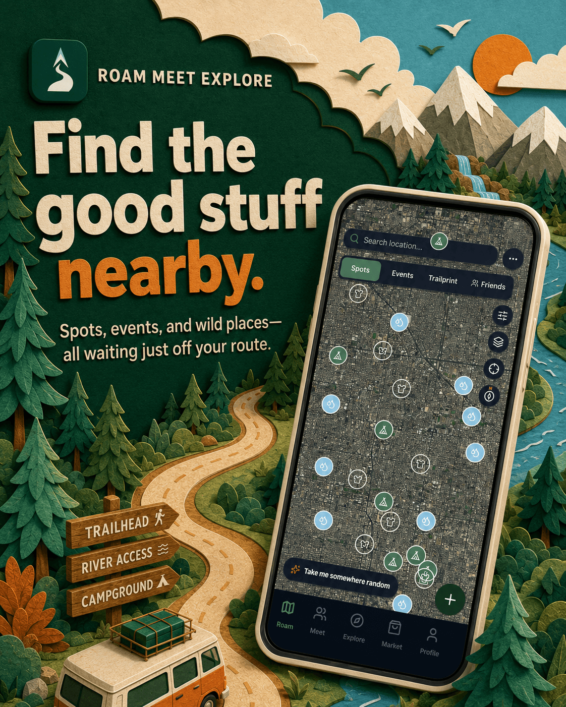 RME nearby-spots map in a playful layered paper-cut outdoor scene