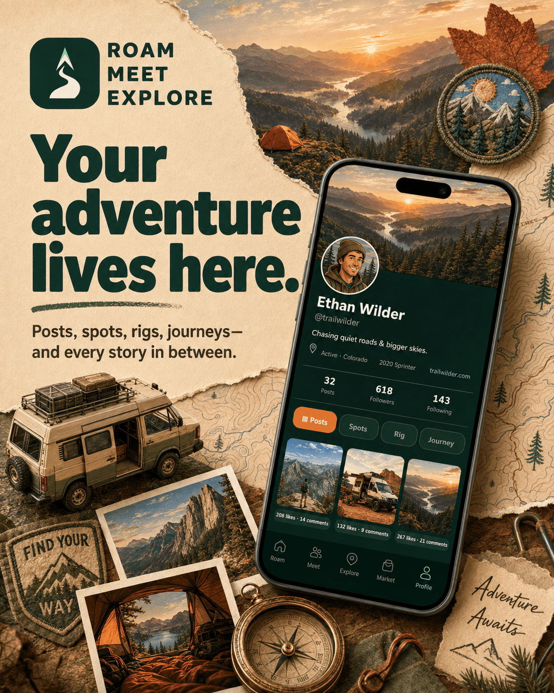 A travel creator profile in RME surrounded by maps and adventure memories