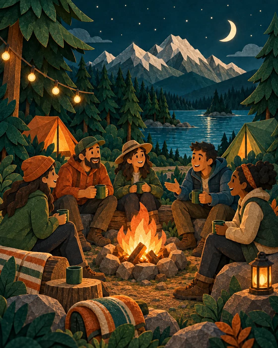 An evening gathering with friends, tents, lanterns, and a small campfire