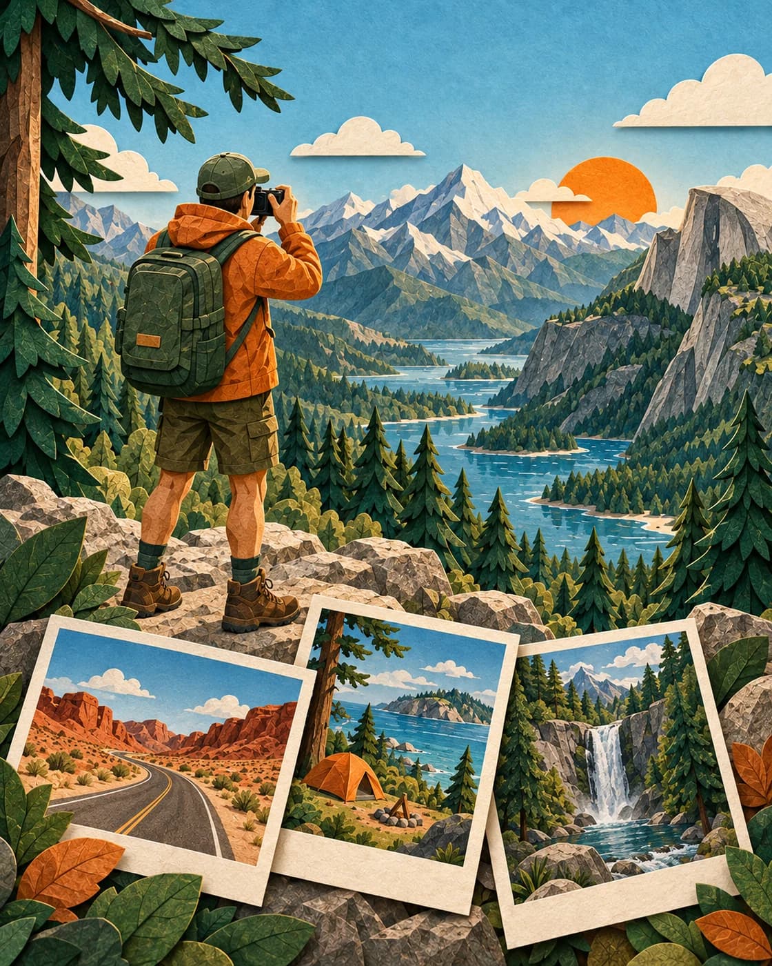 An outdoor traveler documenting a mountain journey with a camera