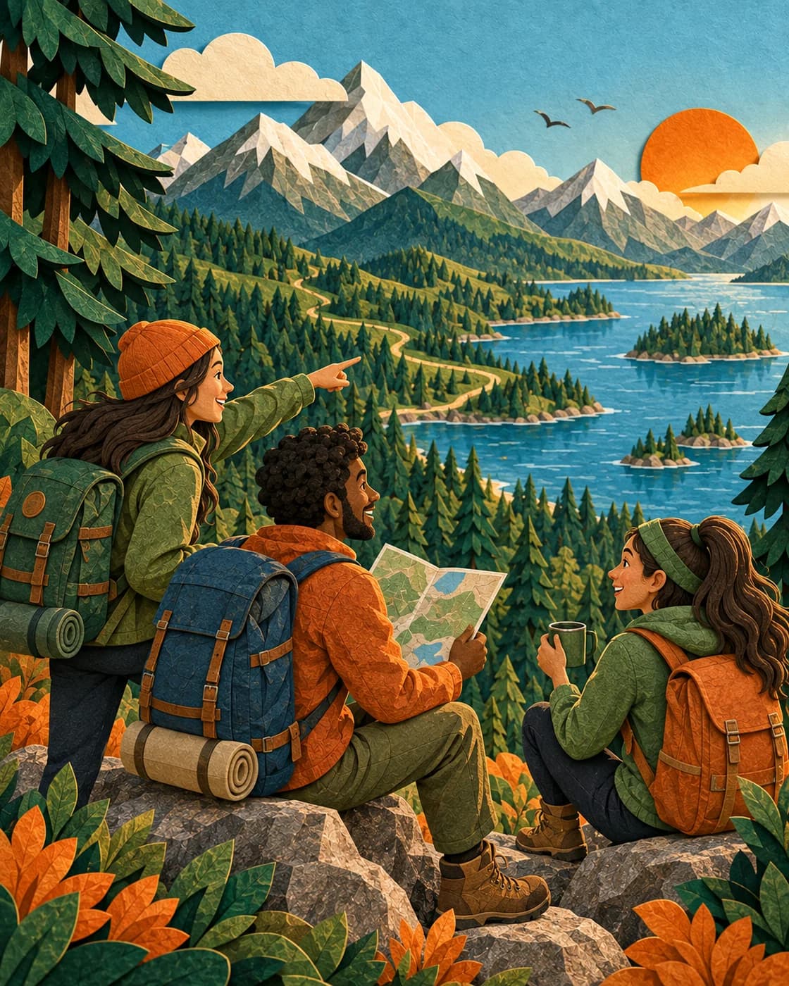 Friends sharing a map and enjoying a mountain overlook