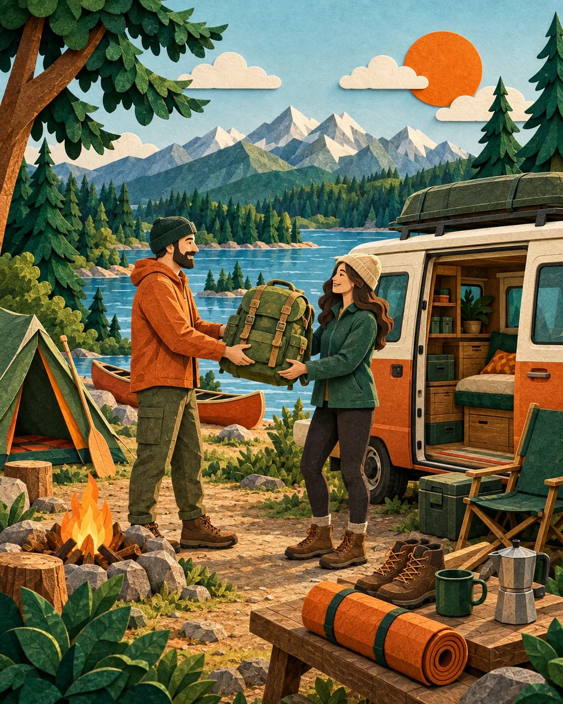 Paper-cut illustration of a camper van and travel gear laid out for sale