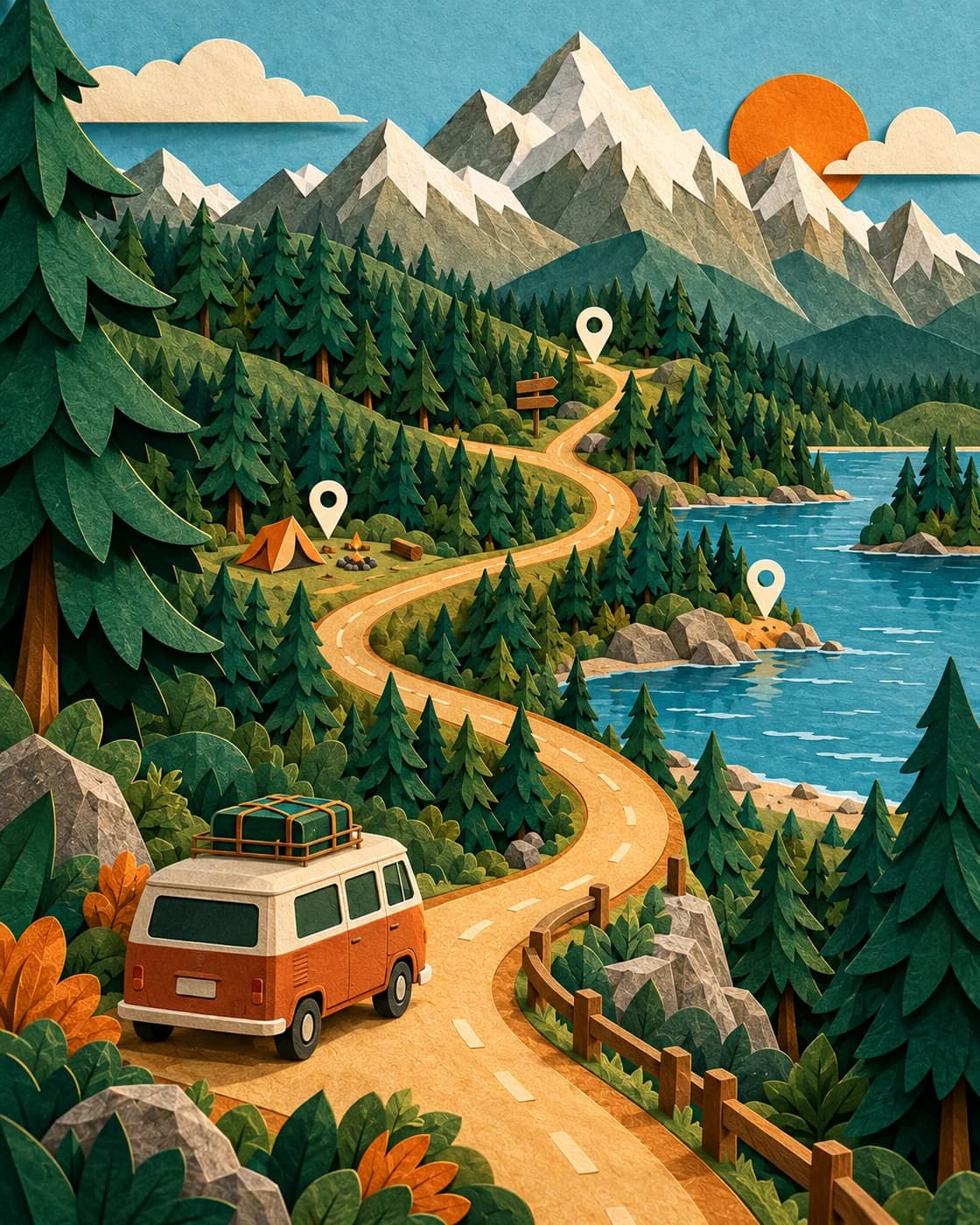 Paper-cut illustration of a camper van parked near a lake with a map of nearby spots