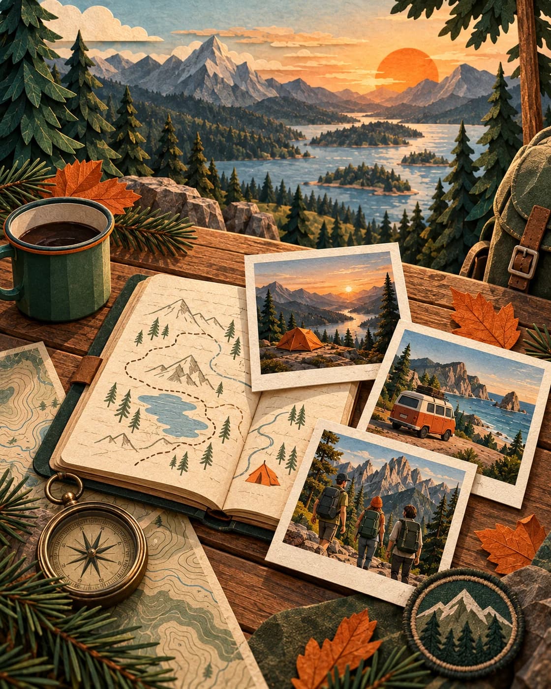 A travel journal arranged with maps, photographs, and outdoor keepsakes
