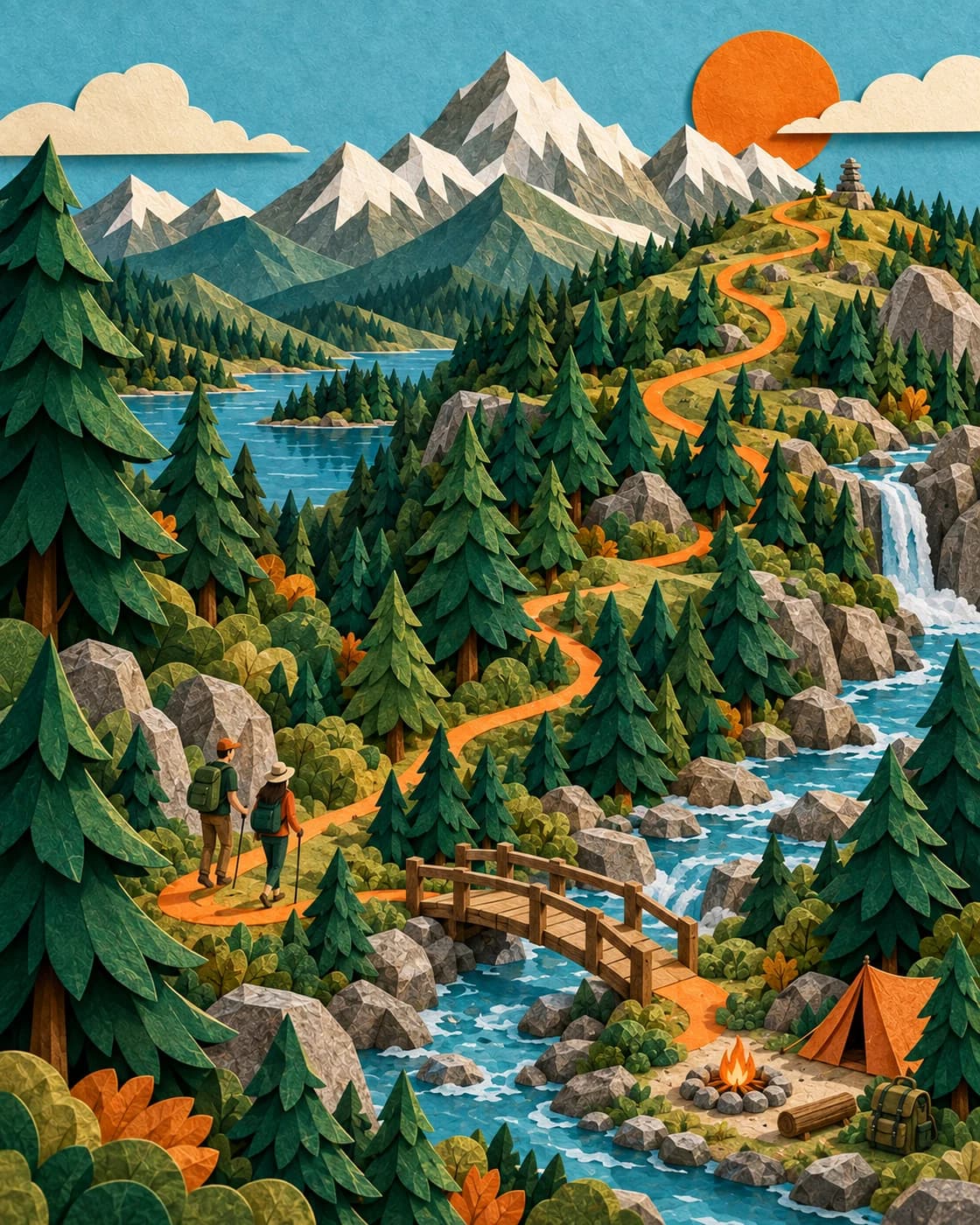 An orange trail traces a journey through a layered paper mountain valley