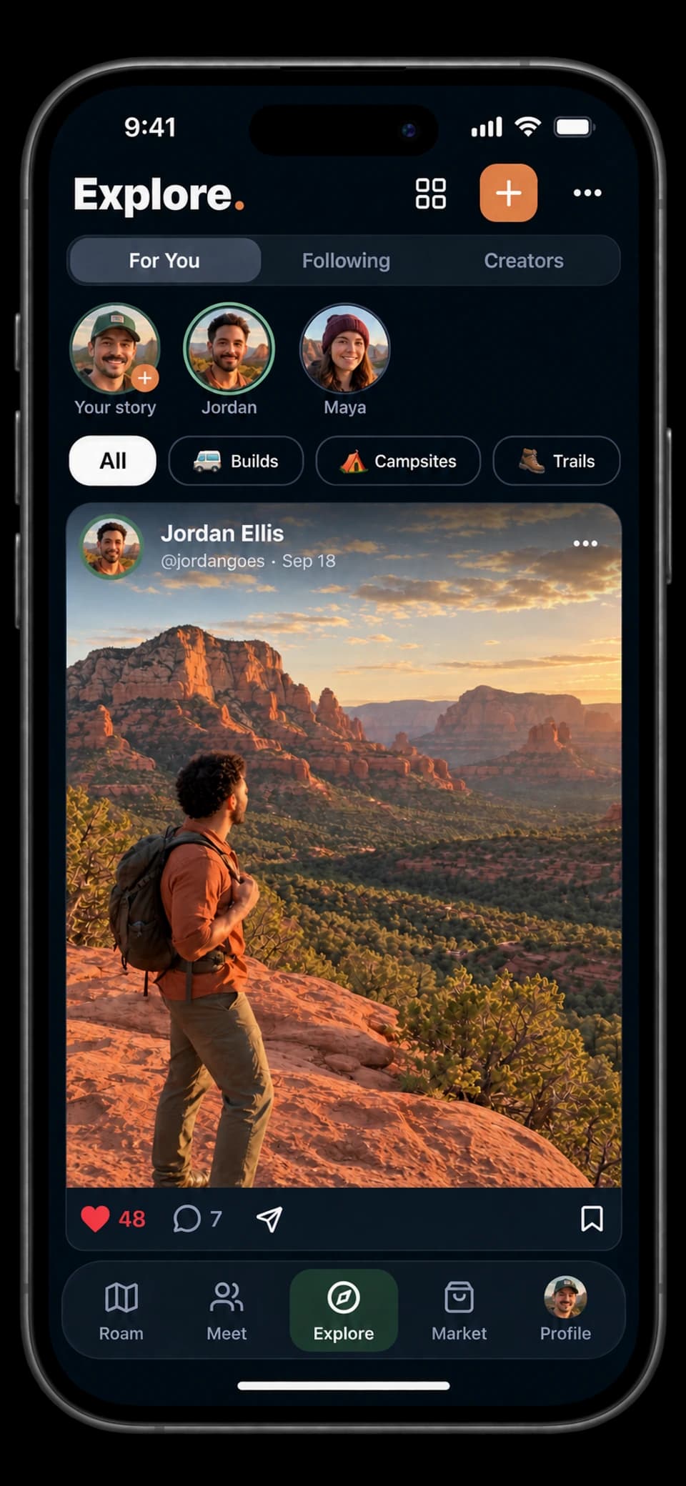 RME app on iPhone: Explore travel feed with stories, topics, and a Sedona hiking post