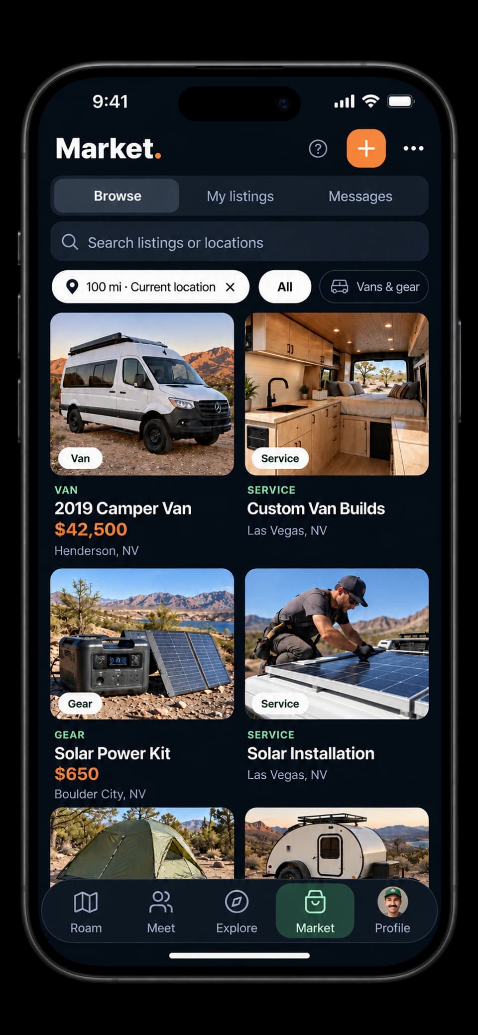 RME app on iPhone: Market listings for camper vans, solar gear, van builds, and installation services