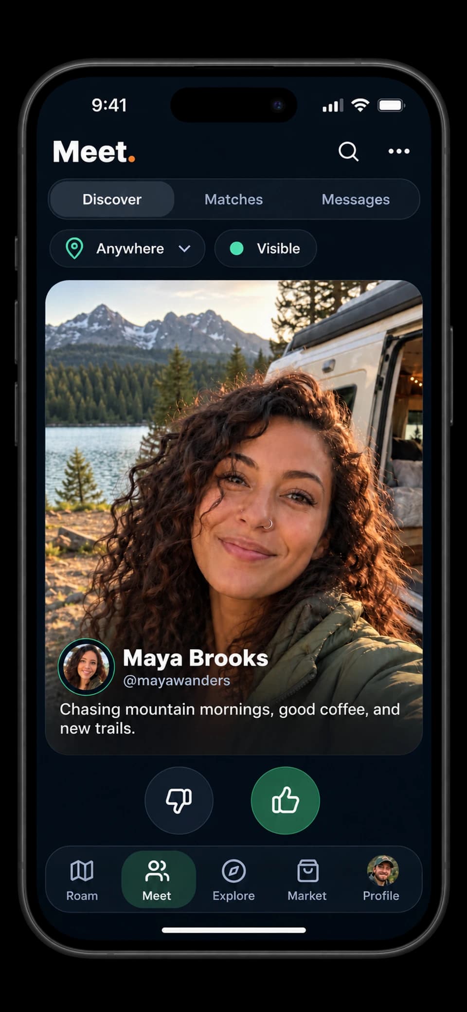 RME app on iPhone: Meet Discover profile card with visibility controls and travel friendship navigation