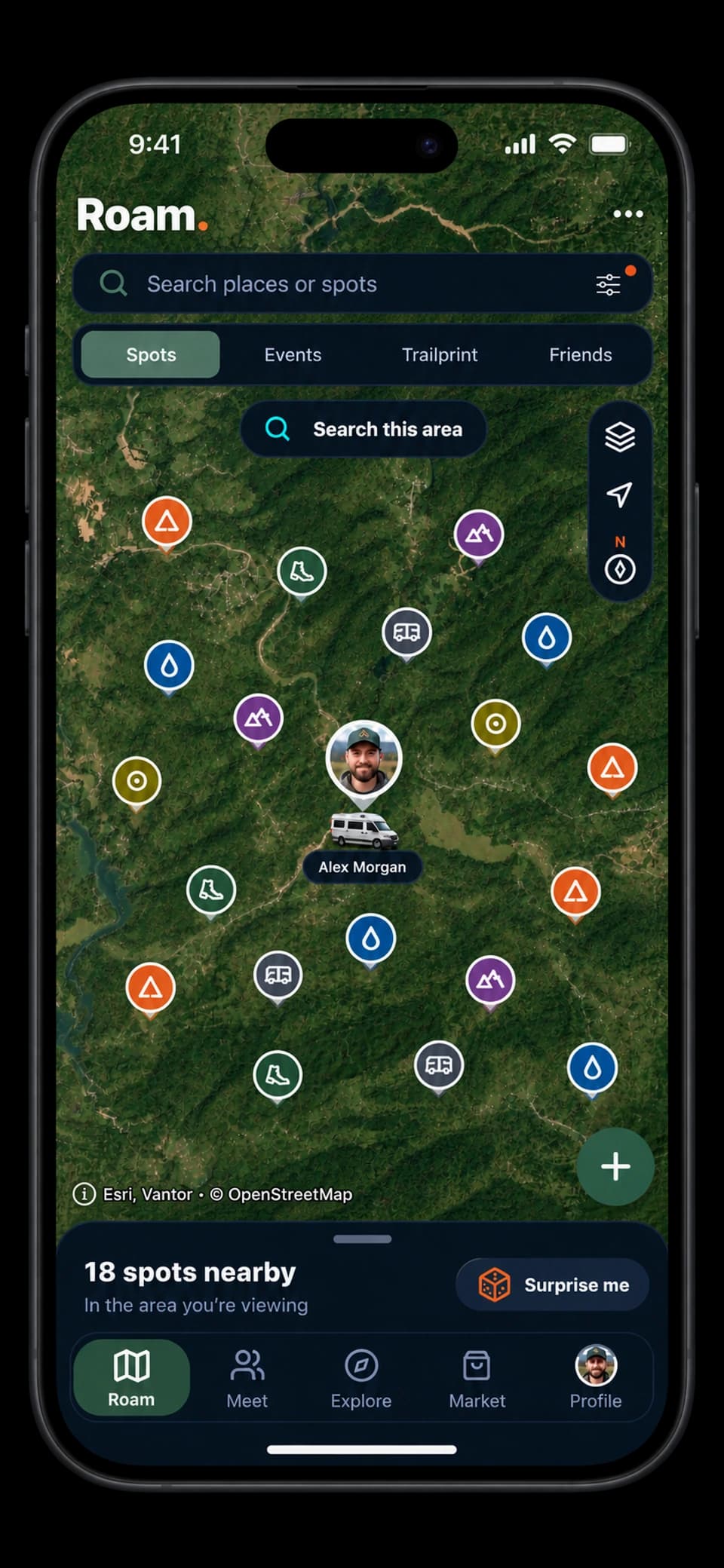 RME app on iPhone: Roam campsite map with search filters, nearby spots sheet, and floating navigation